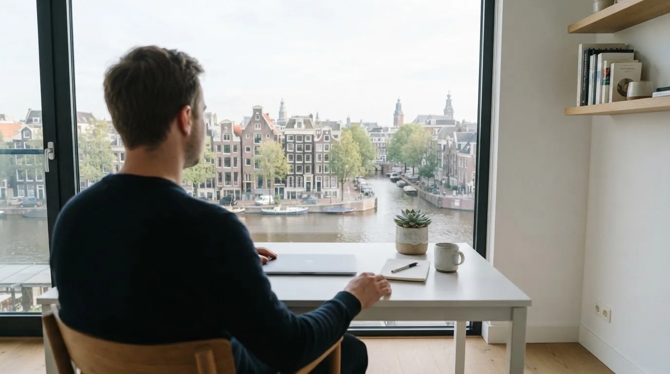 Een persoon zit aan een bureau en denkt na terwijl hij naar buiten kijkt door een groot raam.