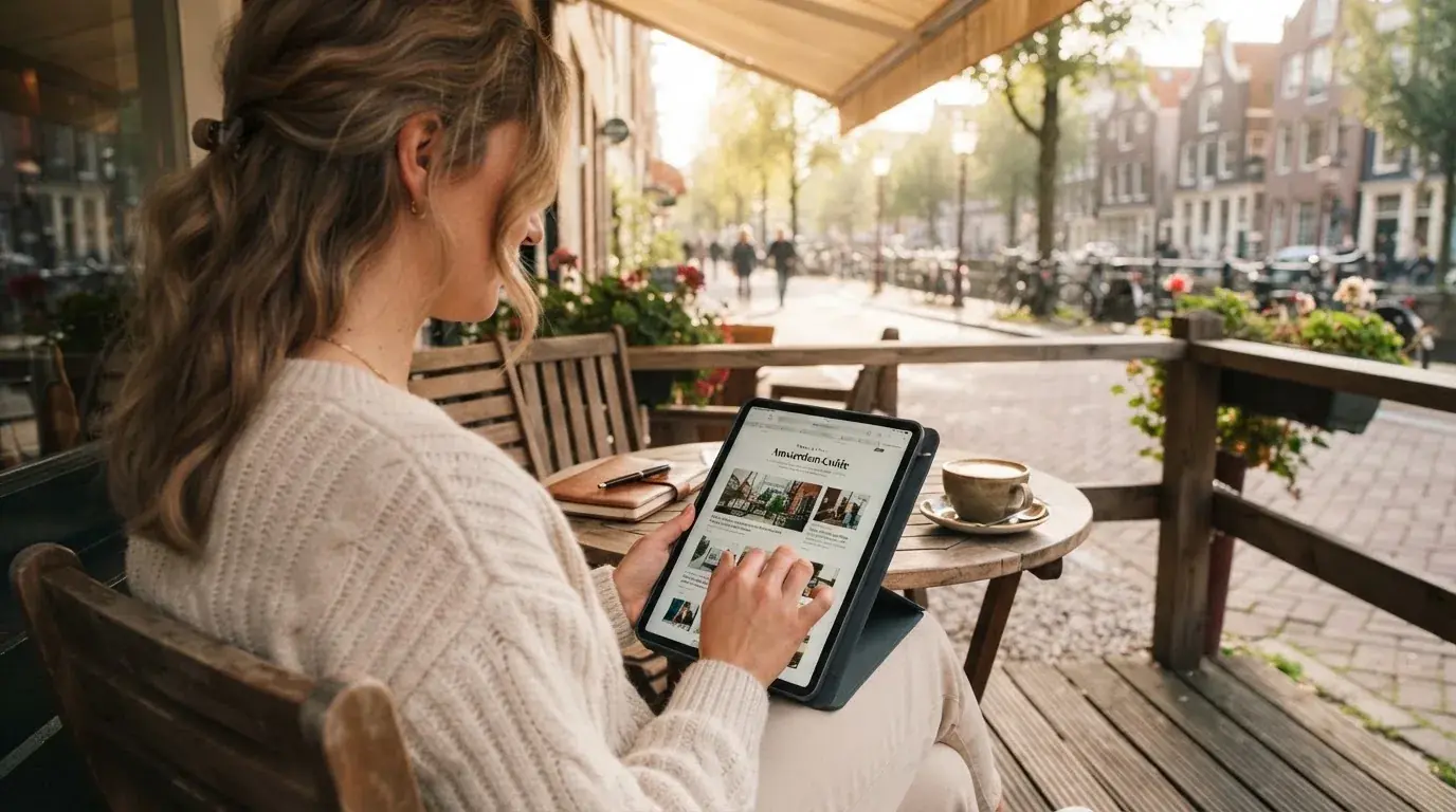 Een vrouw bladert rustig door haar tablet terwijl ze op een terrasstoel zit met een kop koffie.