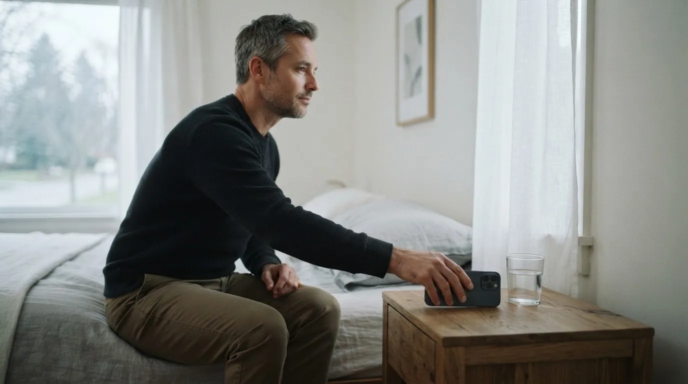 Een man legt zijn telefoon weg en kijkt kalm uit het raam met een glas water in de hand.