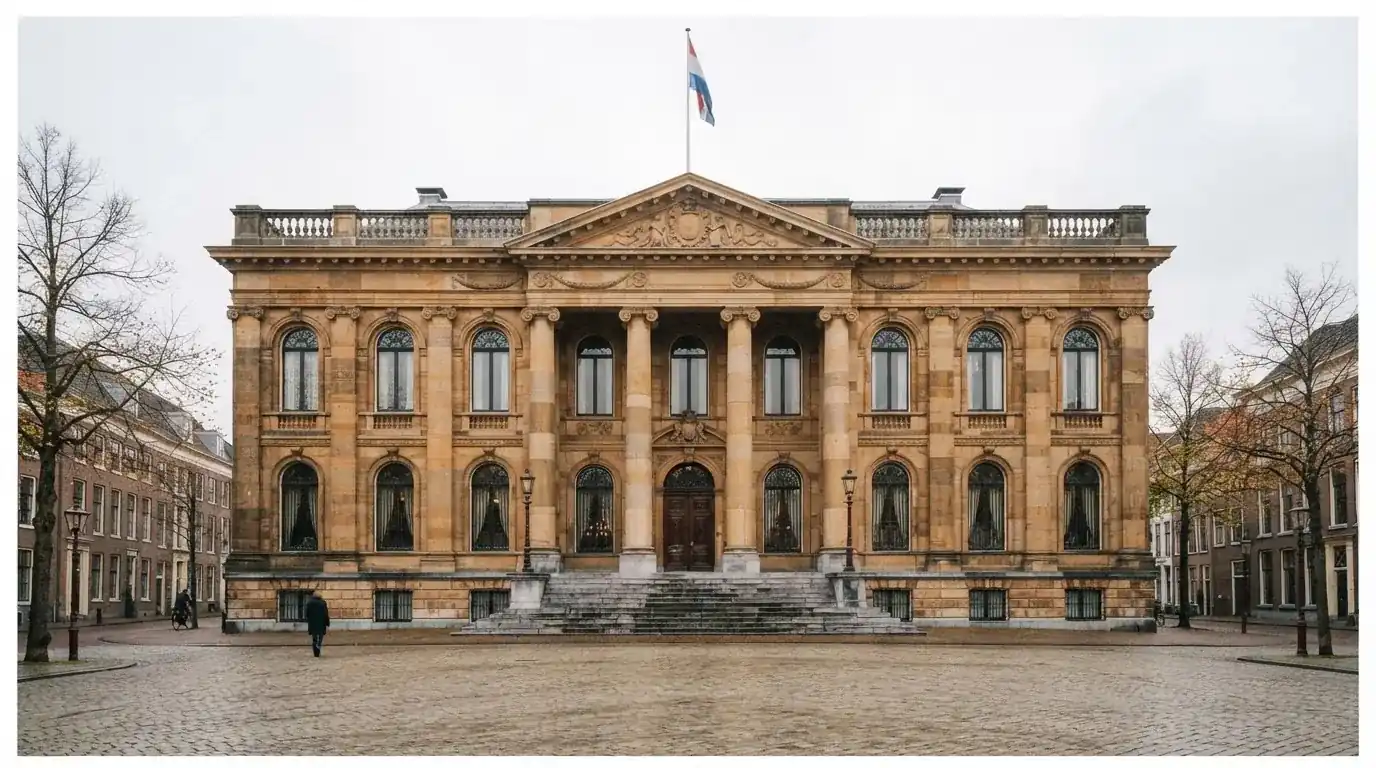 Een statig overheidsgebouw met zuilen staat onder een bewolkte hemel in een Europese stad.