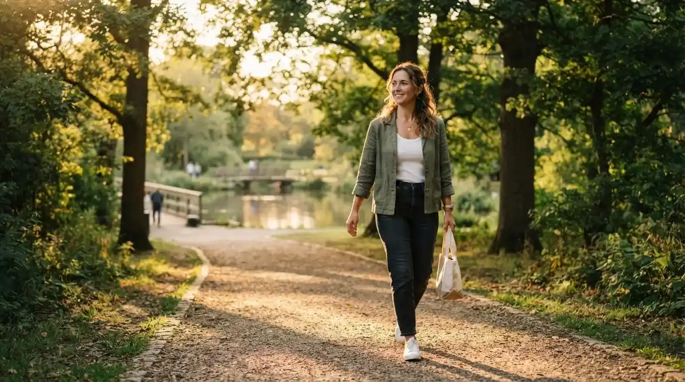 Een vrouw wandelt ontspannen buiten in een park terwijl de zon door de bomen schijnt.